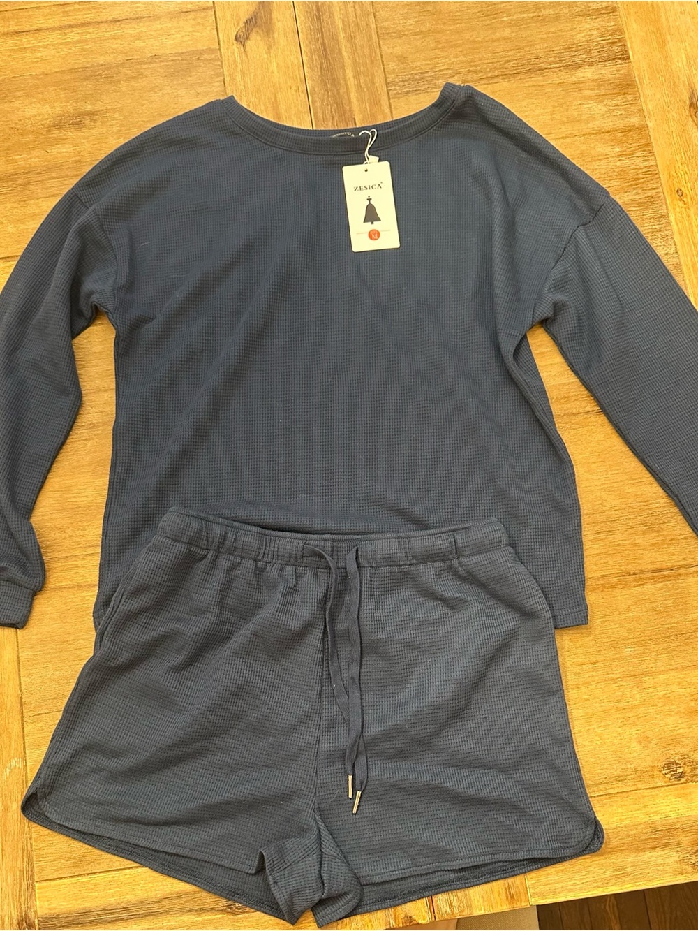 NWT Zesica Women's Waffle Knit Pajamas Set Navy Blue Size Medium